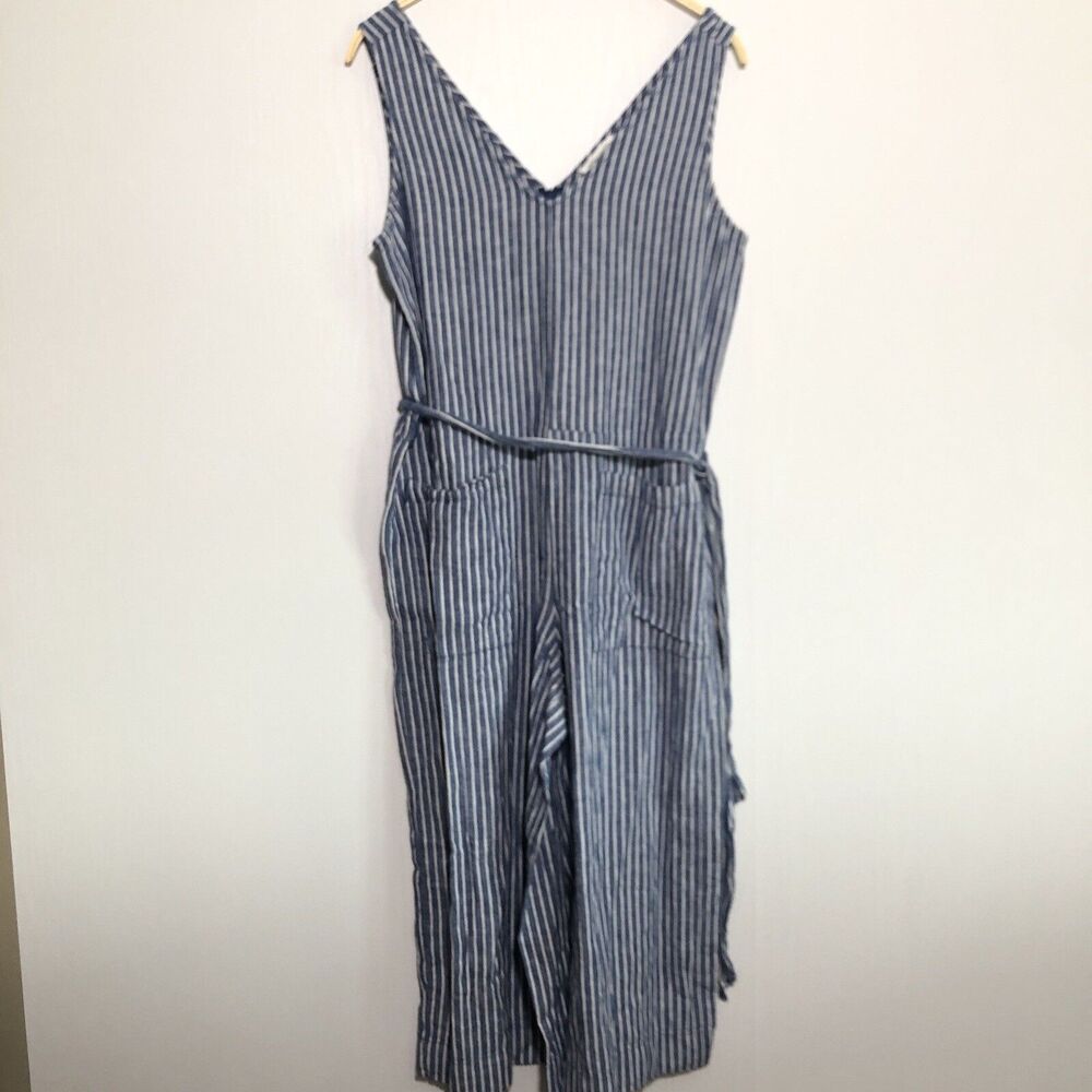 BeachLunchLounge Jumpsuit Women Medium Blue Striped Wide Leg Pockets Linen Blend